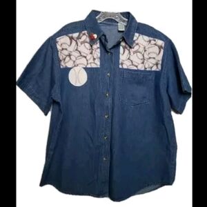 VTG Baseball Denim Blouse L  V-neck Button Up Shirt Unique FUN Blouse Pocket